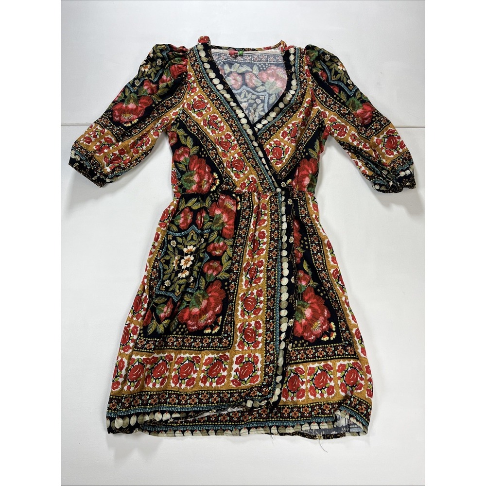FARM Rio Floral Wrap Mini Dress V-Neck Puff Sleeve Pattern Tapestry Womens S